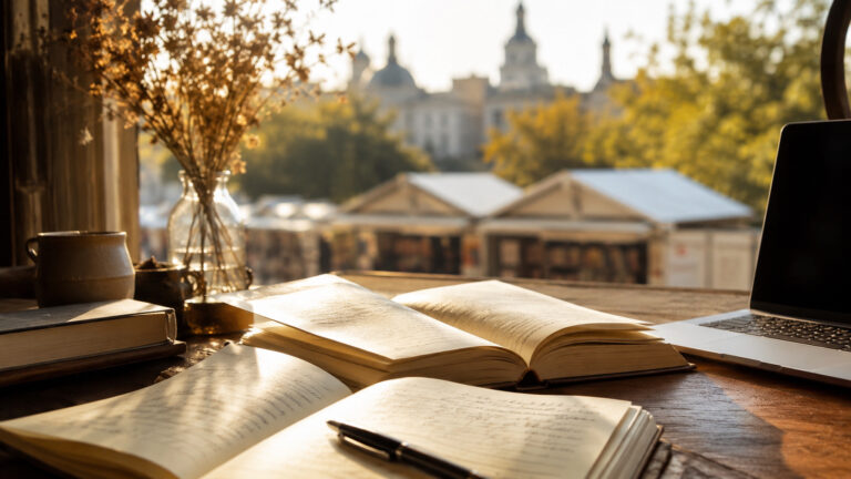 Mesa de escritor con libros y libreta en una reflexión sobre literatura e inteligencia artificial.